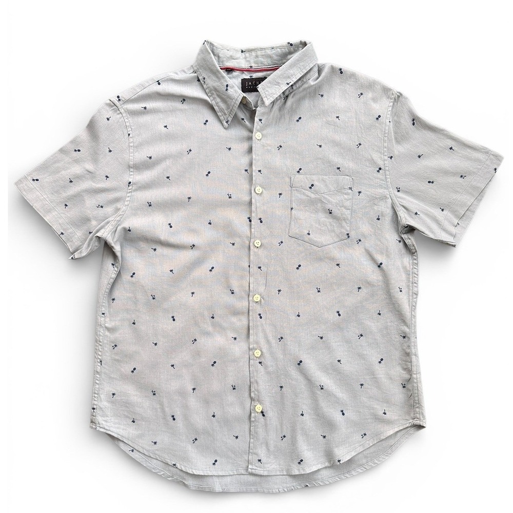 Jachs New York Mens Large Grey Linen Blend Palm Tree Pineapple Button Down Shirt